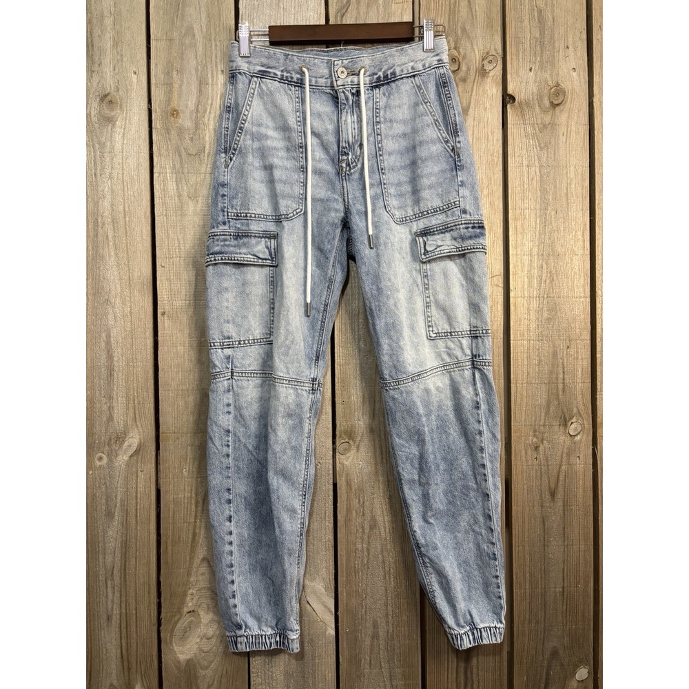 American Eagle Jeans Blue Cargo Jogger Denim Drawstring Trucker Wash Women's 0